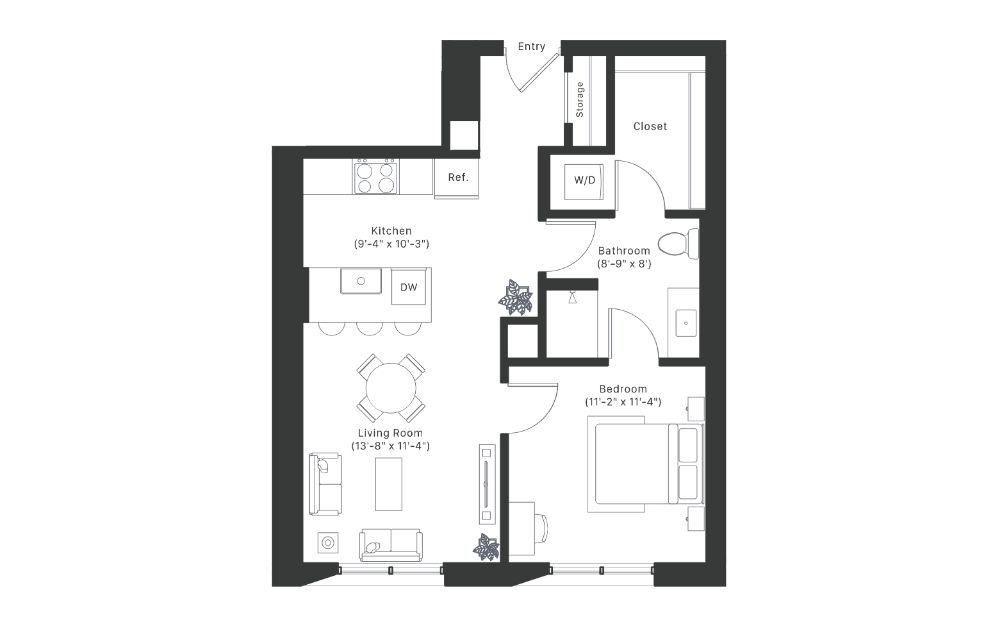 A4 - 1 bedroom floorplan layout with 1 bathroom and 617 - 618 square feet